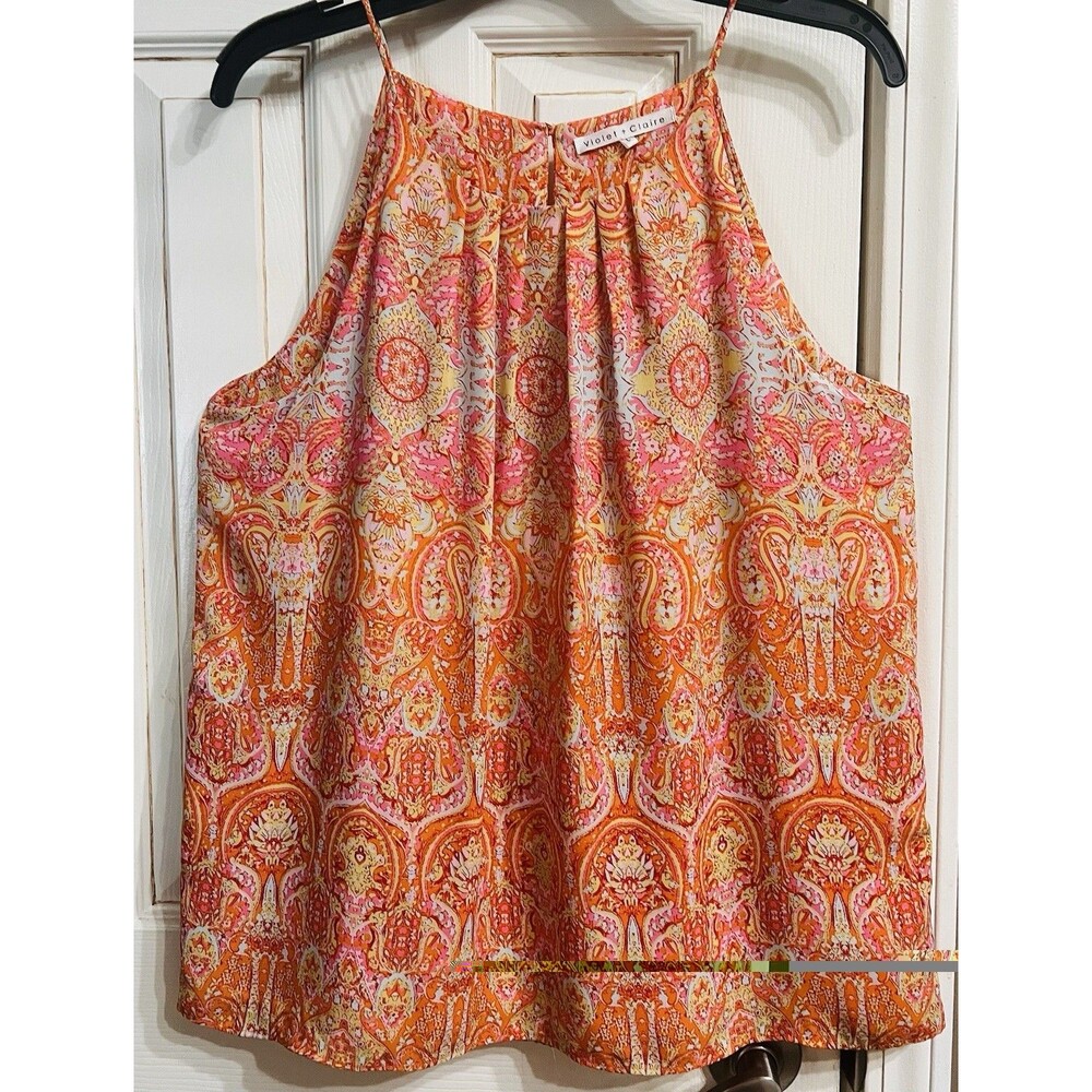 Violet + Claire Tank Top Women’s Large Paisley Orange Pink Yellow Aqua Lined EUC